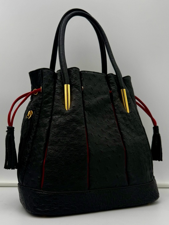 sanpō Handbags - SANPŌ • Black & Red Exotic Genuine OSTRICH Bucket Bag w/ Pouch • Made in JAPAN
